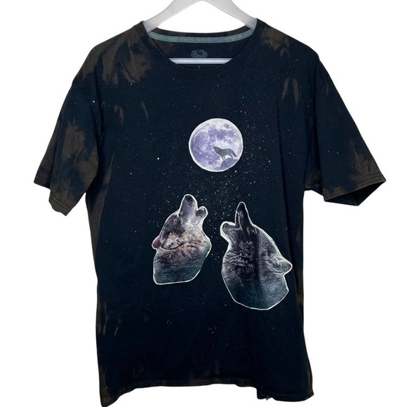 Custom Other - Custom Made Bleach Dyed Tee - Two Wolves Howling at the Moon